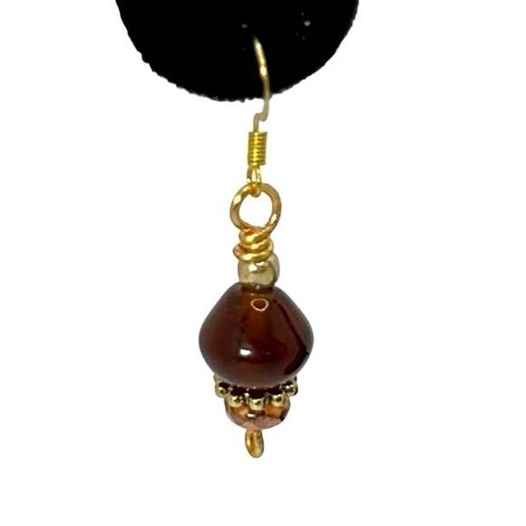 Handmade Brown/Amber Glass/Metal Dangle Earrings - Picture 2 of 4